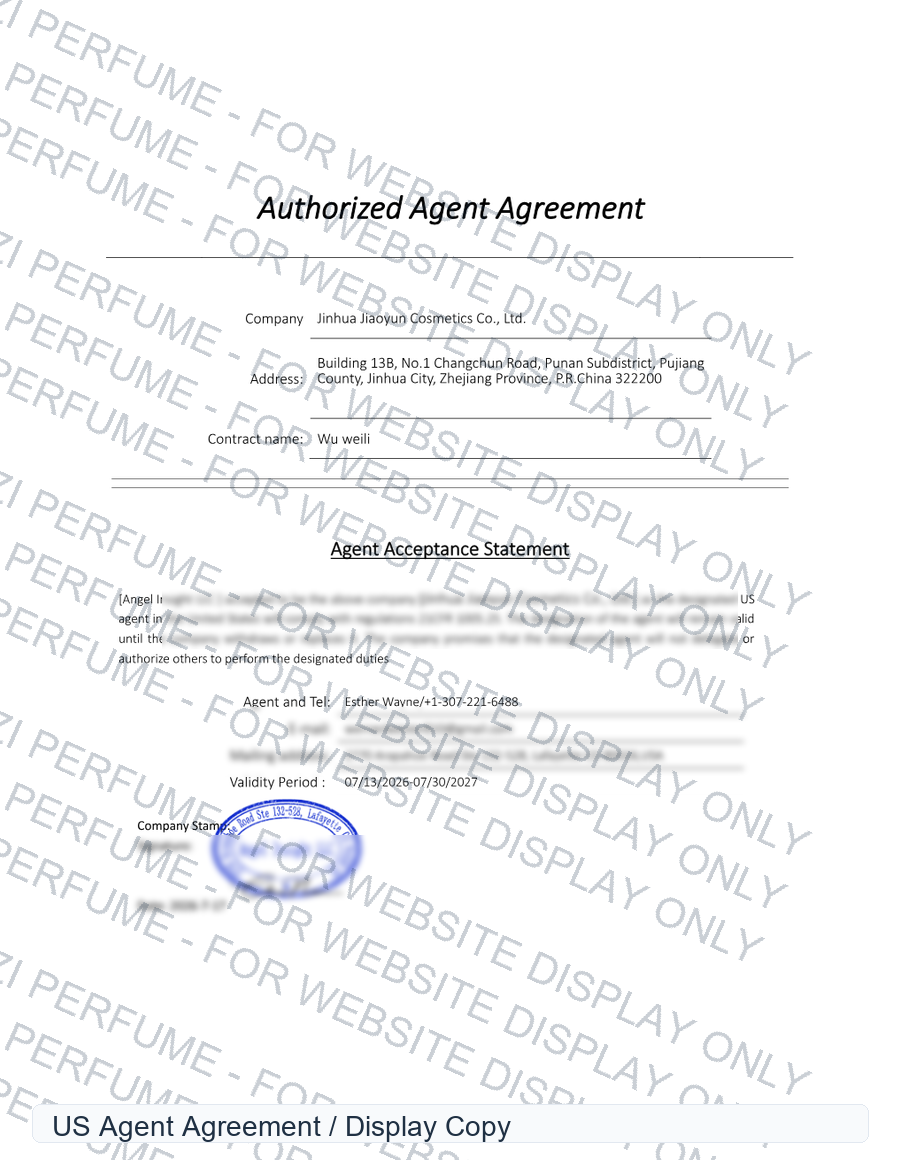 US agent agreement display copy for Songzi Perfume