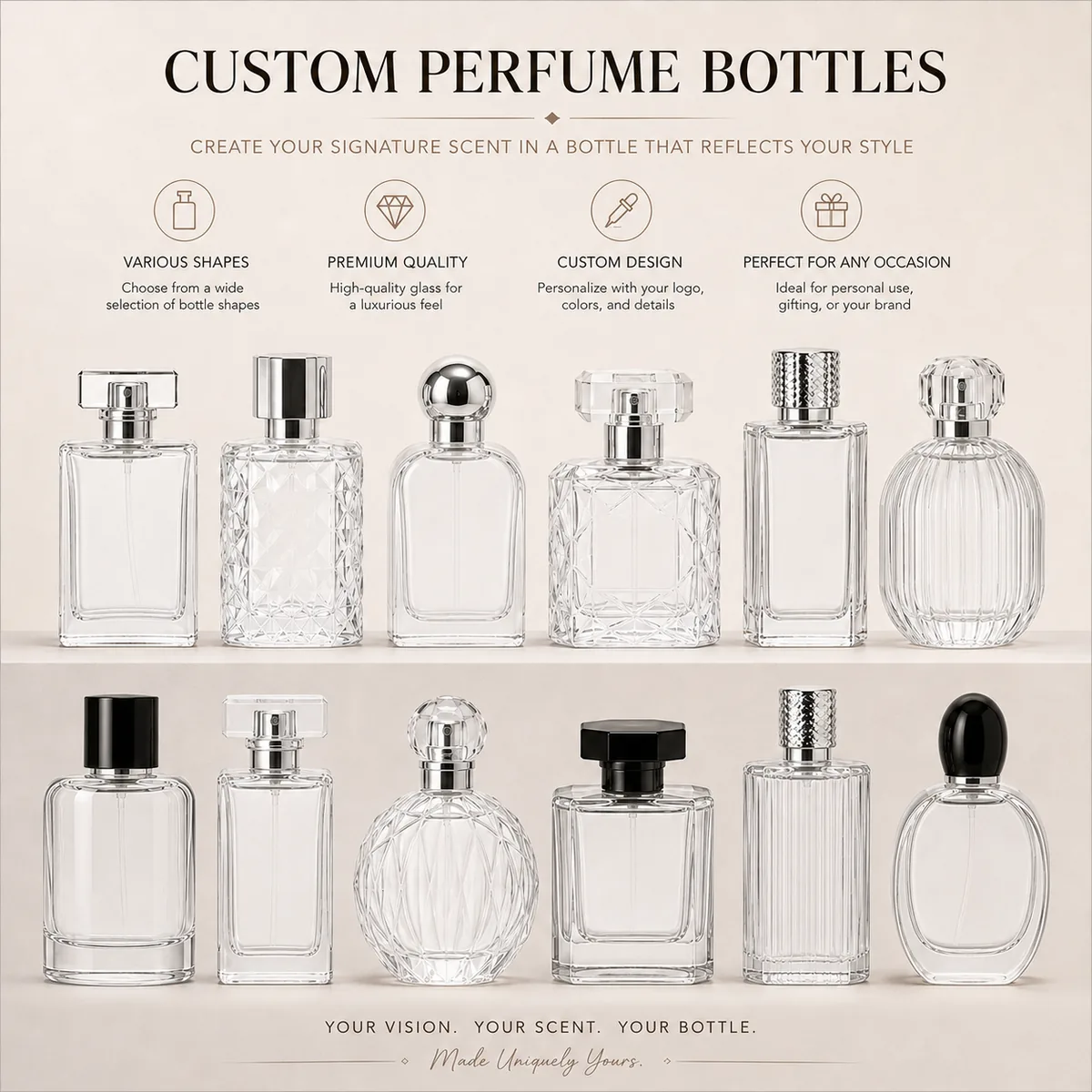 Custom perfume bottle shapes, sizes and glass styles for private label fragrance projects