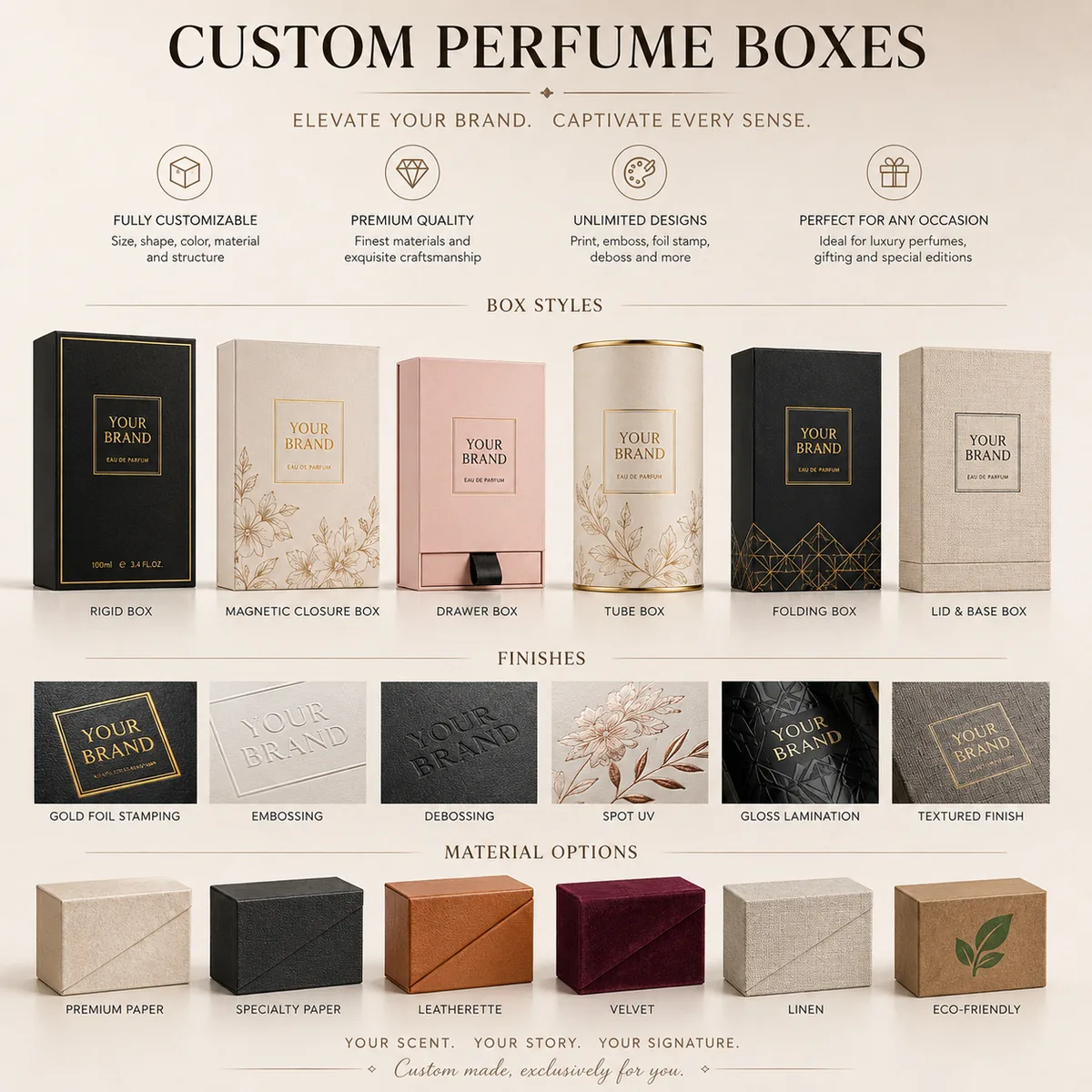 Custom perfume boxes, materials, structures and printing options for wholesale perfume projects