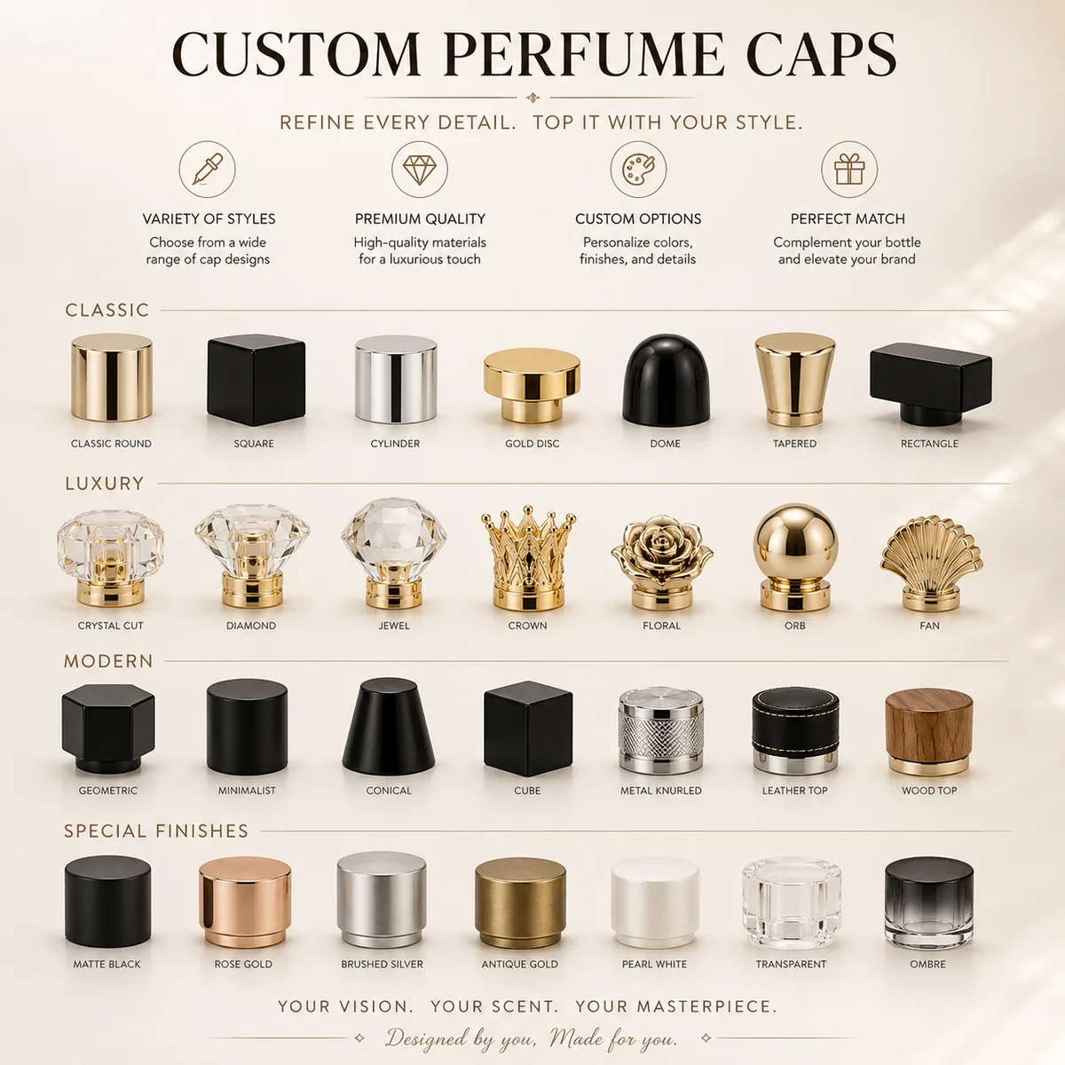 Custom perfume cap styles, materials, colors and finishes for perfume bottle design