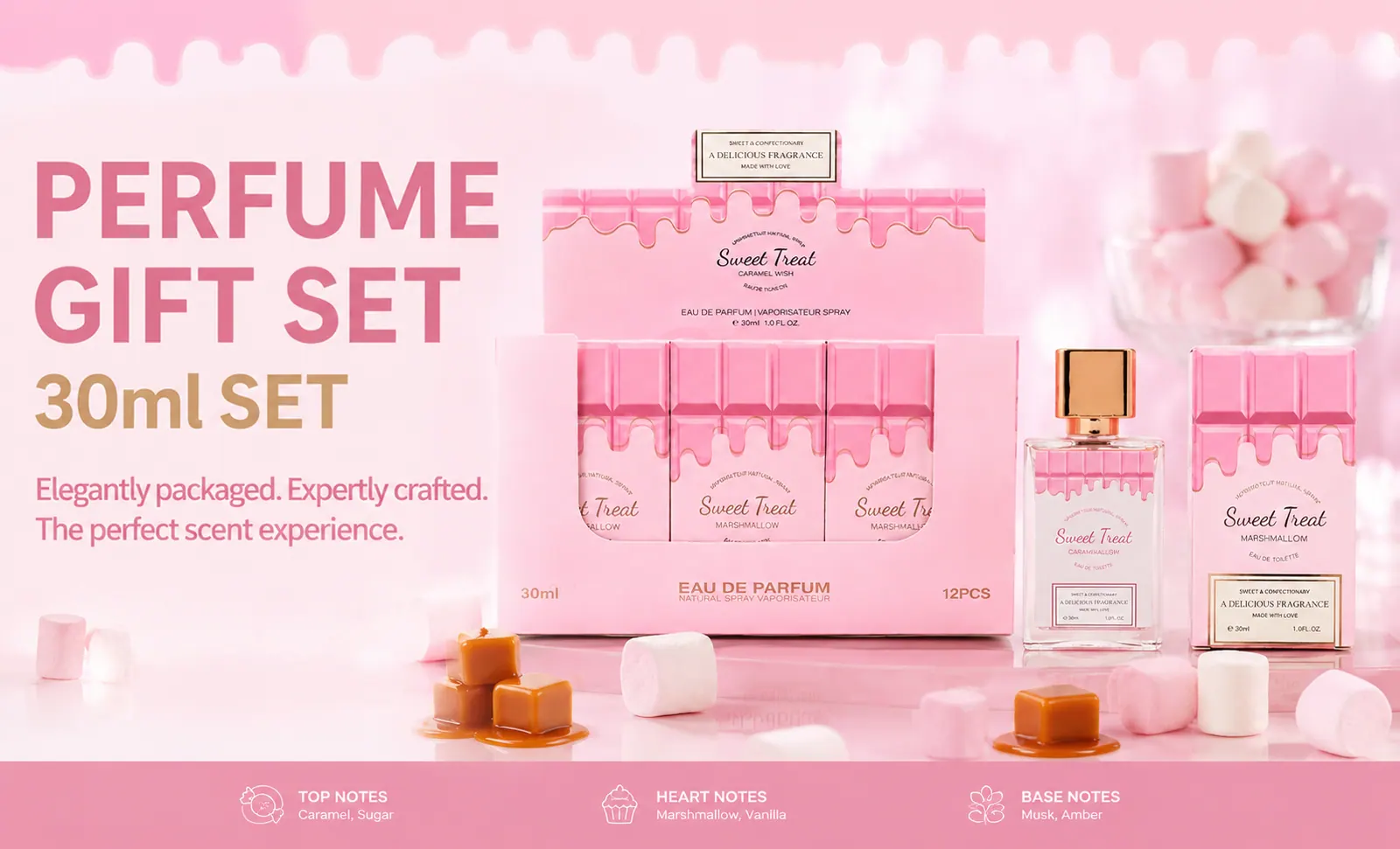 35ml perfume gift set poster with boxed fragrance and lotion products