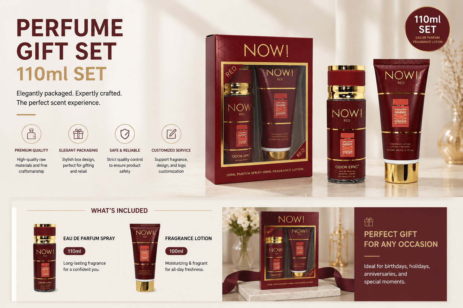 Perfume gift set 110ml set with eau de parfum and fragrance lotion for wholesale buyers